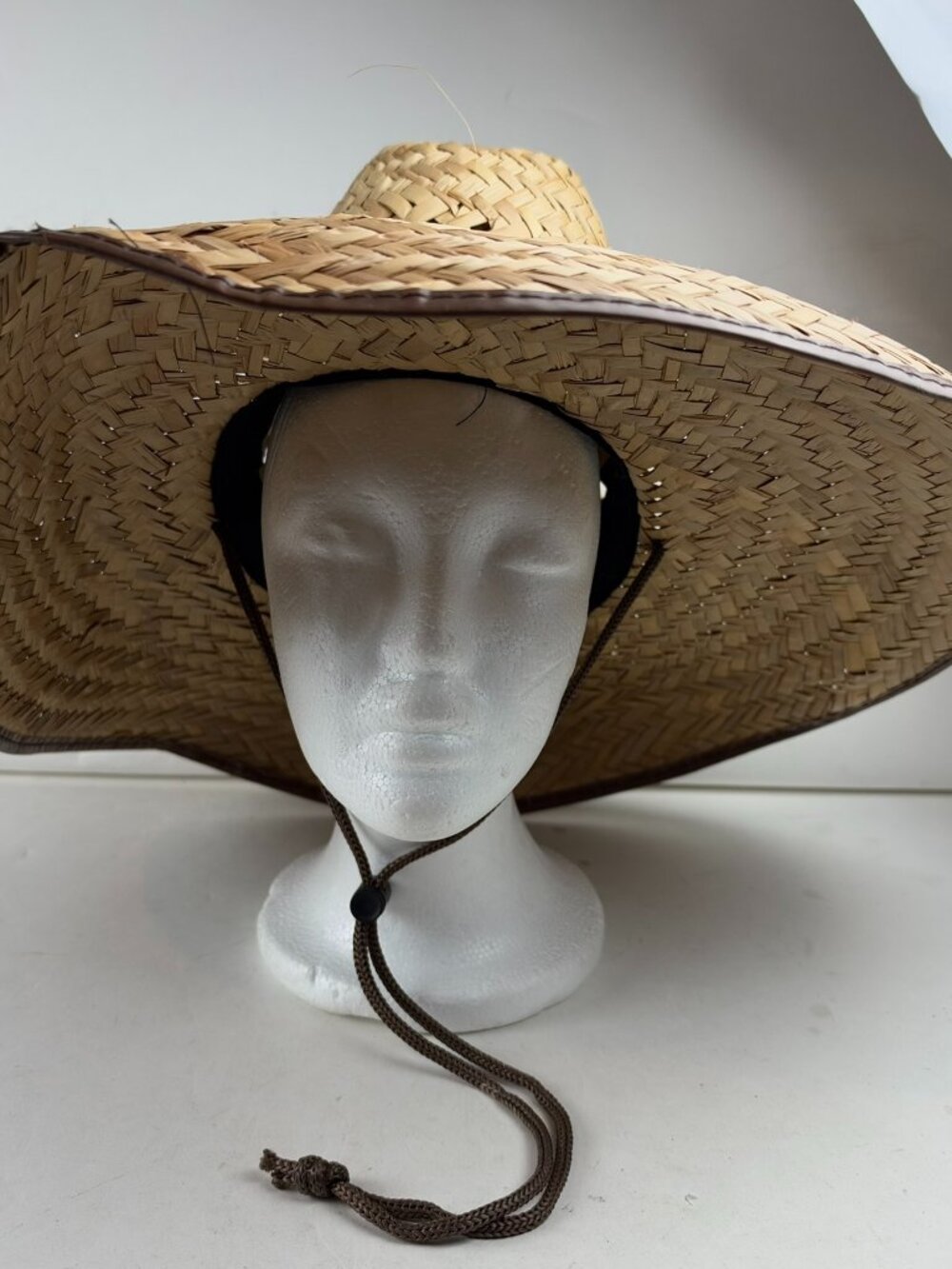 Woven Straw Lifeguard Sun Hat Wide Brim Brown Trim Vented Crown Chin Strap